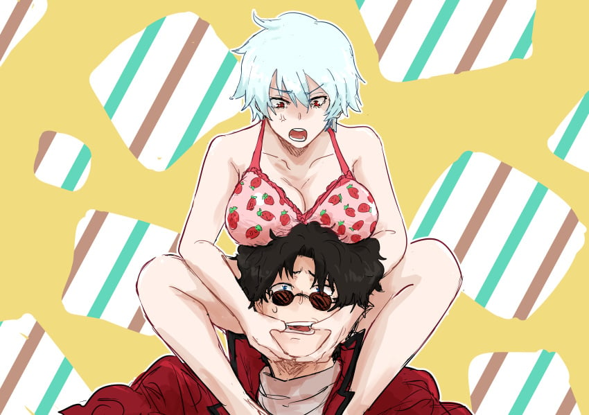 1boy 1girls anger_vein angry annoyed big_breasts bikini breasts_on_head canon_genderswap cleavage colored_sketch female fingers_in_mouth genderswap_(mtf) ginko_sakata gintama gintoki_sakata kamemoro male nervous pink_bikini pink_bra red_eyes rule_63 sakamoto_tatsuma short_hair sitting_on_person sitting_on_shoulders strawberry_print sunglasses sweatdrop very_short_hair white_hair