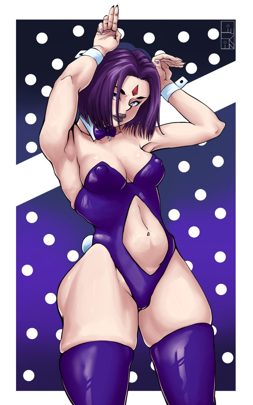 1girls 2021 absurd_res arms_up black_lipstick bunny_ears bunny_pose bunny_tail bunnysuit dc dc_comics detached_collar female female_only forehead_jewel liuskin looking_at_viewer medium_hair neck_ribbon nipple_bulge pale-skinned_female pale_skin purple_eyes purple_hair purple_thighhighs rachel_roth raven_(dc) solo solo_female straight_hair teen_titans thick_thighs thigh_squish thighhighs wrist_cuffs