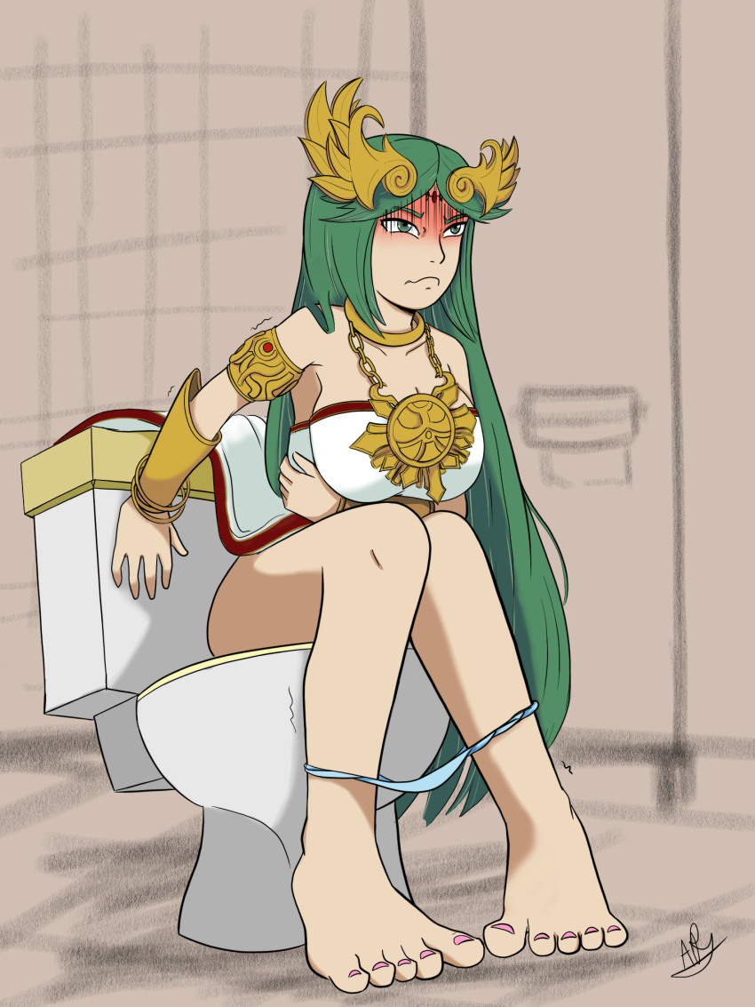 1girls anonymous_artist barefoot blush clutching_stomach constipation embarrassed female female_only green_eyes green_hair jewelry kid_icarus long_hair palutena panties panties_down pink_nails pooping skirt_up toilet toilet_use