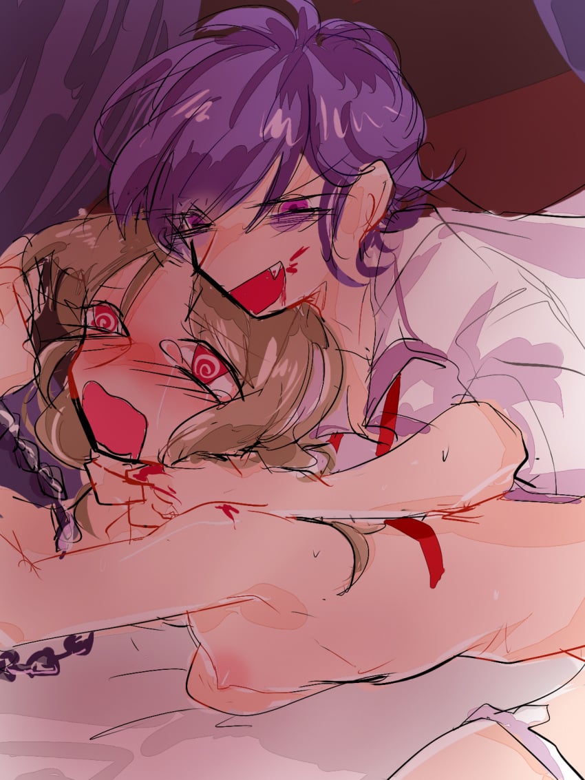 1boy 1girls @_@ artist_request blood blush blush choking diabolik_lovers duo fangs flat_chest flat_chested from_behind hands_on_throat human komori_yui naked nude open_mouth open_mouth purple_eyes purple_hair sakamaki_kanato sharp_teeth spiral_eyes sweat sweating vampire