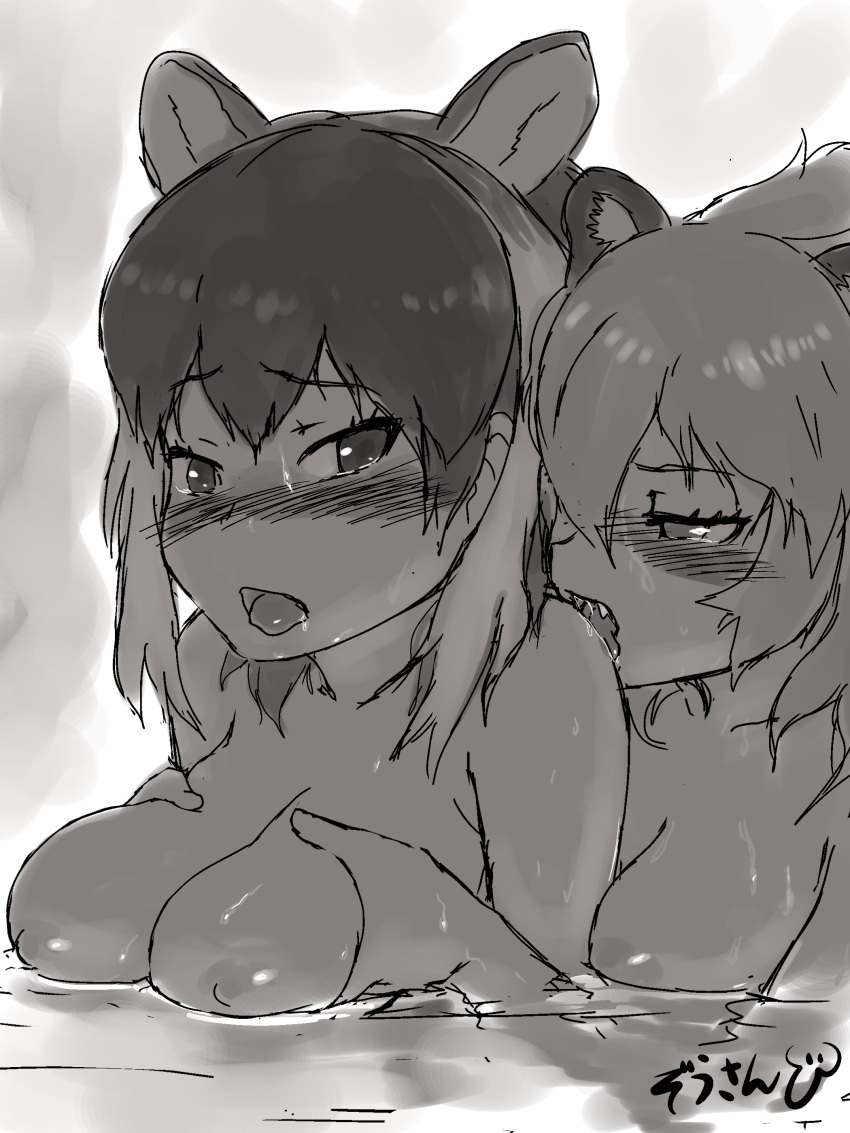 2girls bathing blush breast_hold breasts duo female female_only from_behind groping_from_behind high_resolution kemono_friends large_breasts licking lion_(kemono_friends) looking_at_viewer masuyama_ryou medium_breasts monochrome moose_(kemono_friends) multiple_girls nipples onsen open_mouth partially_submerged sharp_teeth steam tearing_up tongue tongue_out very_high_resolution water wet wet_hair yuri