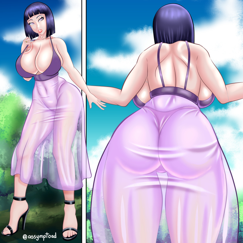 1girls absurdres alternate_costume ass ass_in_dress assymptoad backboob bare_shoulders black_hair boruto:_naruto_next_generations breasts cleavage dress female from_behind high_heels highres huge_ass hyuuga_hinata large_breasts lips lipstick long_dress looking_at_viewer mature_female multiple_views naruto naruto_shippuden purple_eyes see-through see-through_dress shiny_hair short_hair sideboob simple_background thong wide_hips