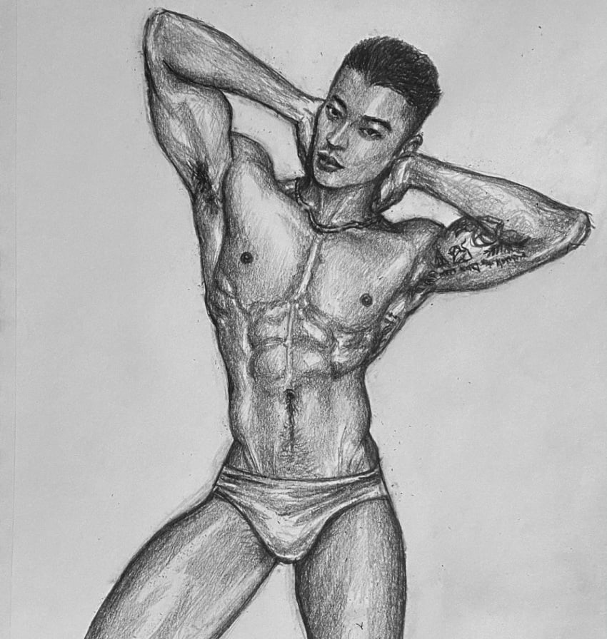 1boy black_and_white bulge edison_fan fitness_influencer flex_sketch instagram_model looking_at_viewer male male_only muscles muscular muscular_male real_person sketch tattoos uncolored