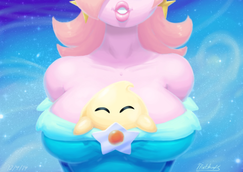 1girls alternate_breast_size between_breasts big_breasts breasts cleavage clothed female huge_breasts luma mario_(series) nintendo no_bra outta_sync princess_rosalina size_difference super_mario_galaxy tagme