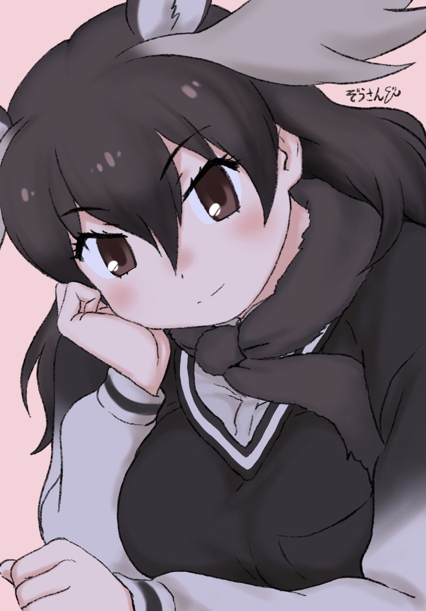 animal_ears blush breasts brown_eyes brown_hair dot_nose ear_blush extra_ears eyebrows_visible_through_hair female female_only female_solo fur_scarf grey_hair hair_between_eyes high_resolution kemono_friends long_hair looking_at_viewer masuyama_ryou moose_(kemono_friends) moose_ears motion_lines multicolored_hair nipples nose_blush nude open_mouth scarf school_uniform smile solo sweater two-tone_hair upper_body very_high_resolution