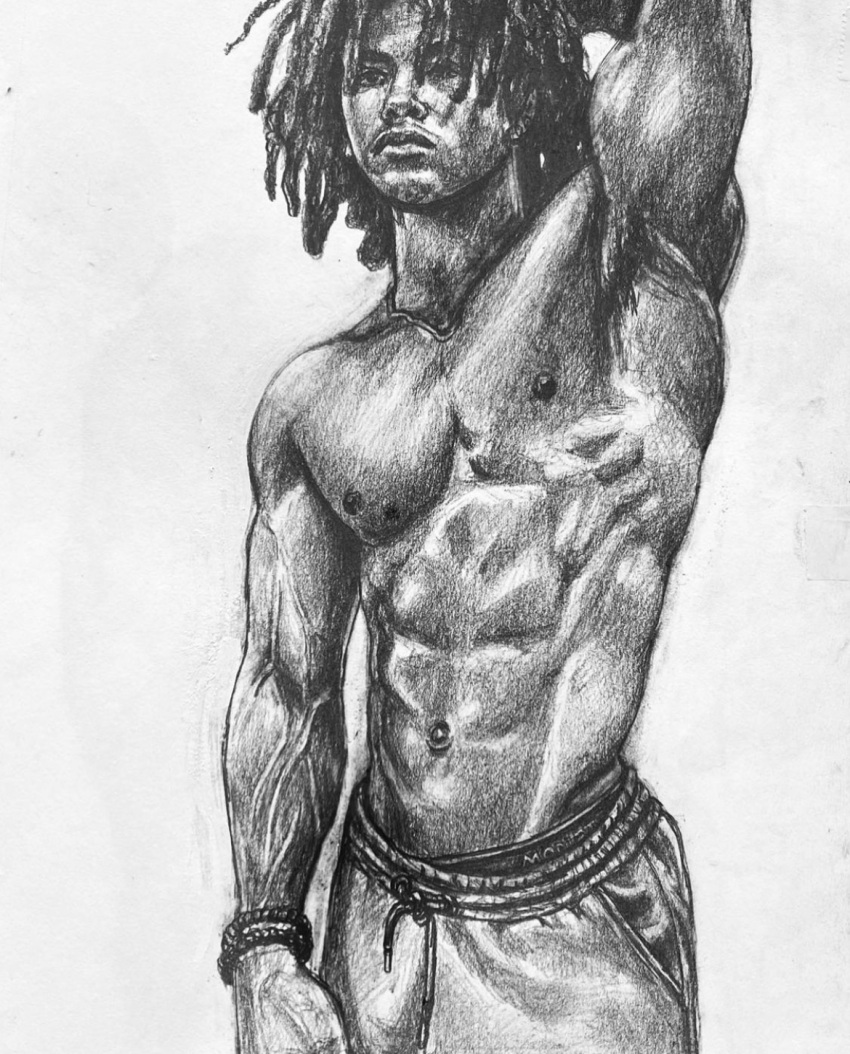 1boy abs african african_male armpits black_and_white bulge fitness_influencer flex_sketch flexing hand_behind_head kam_pryor male male_only muscles muscular muscular_male pecs real_person sketch teen_boy uncolored