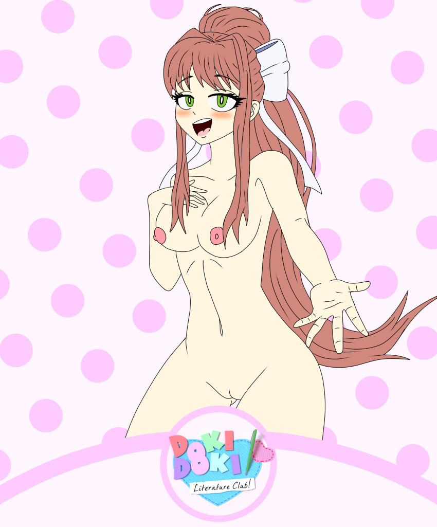 1girls blush breasts breasts_exposed brown_hair doki_doki_literature_club female female_focus green_eyes hairbow happy_female long_hair looking_at_viewer medium_breasts monika_(doki_doki_literature_club) nipples nipples_exposed nude nude_female open_mouth ponytail pussy schoolgirl smiling_at_viewer thick_thighs thighs vagina white_bow