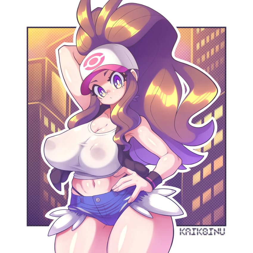 1girls absurd_res alternate_breast_size armpits big_breasts black_underwear blue_bottomwear blue_eyes breasts brown_hair buildings cap city denim_shorts digital_drawing_(artwork) exposed_pockets eye_contact female front_view hand_on_hip hat head_tilt hi_res hilda_(pokemon) horny huge_breasts human kaikoinu large_breasts logo_on_headwear long_hair looking_at_viewer minishorts nintendo nipple_bulge one_arm_behind_head outdoors pokemon pokemon_bw pokemon_trainer see-through see-through_top shiny_breasts shiny_hair shiny_legs shiny_skin shorts snapback solo solo_female speech_bubble standing tank_top text thick_thighs thighs tomboy translation_request two_tone_headwear visor_cap watermark white_topwear