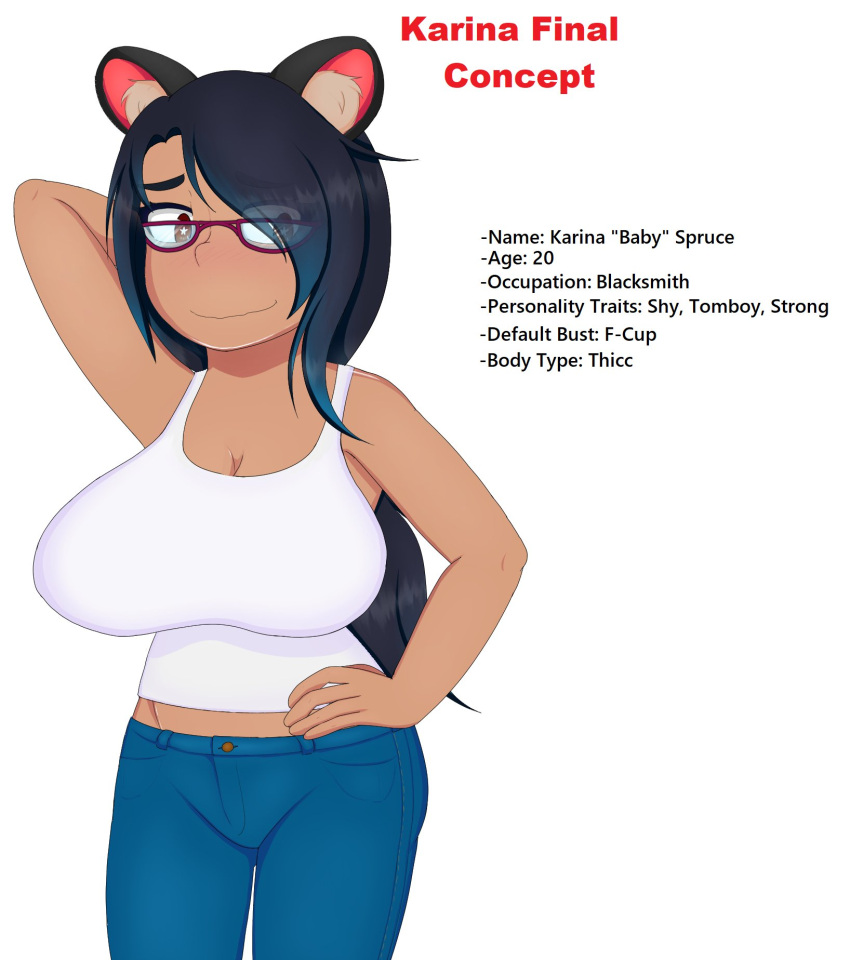 animal_ears bear_ears bear_girl black_hair blacksmith blush casual character_sheet dark-skinned_female dark_skin glasses hand_behind_head hand_on_hip huge_breasts kemonomimi large_breasts long_hair midriff nekomatic pants red_glasses shy star_eyes straight_hair tank_top tight_clothing tight_fit tomboy two_tone_hair unusual_pupils