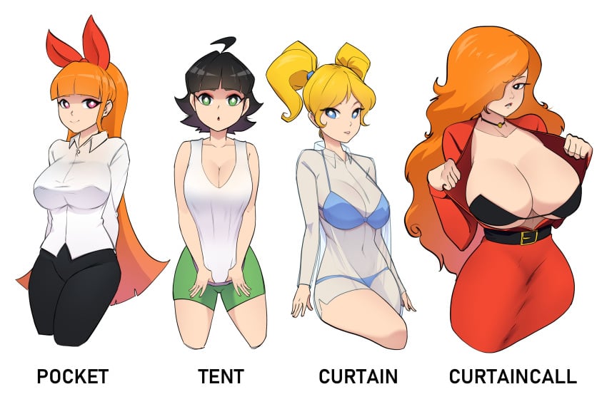 4girls age_difference aged_up auburn_hair big_breasts black_hair blonde_hair blossom_(powerpuff_girls) bra bubbles_(powerpuff_girls) buttercup_(powerpuff_girls) cartoon_network clothed clothing curtain_call_challenge english_text female female_focus female_only hair_over_one_eye huge_breasts light-skinned_female light_skin long_hair mature_female multiple_girls open_clothes orange_hair powerpuff_girls sara_bellum satelyte sisters teenager text toonami translucent_clothing underwear white_background