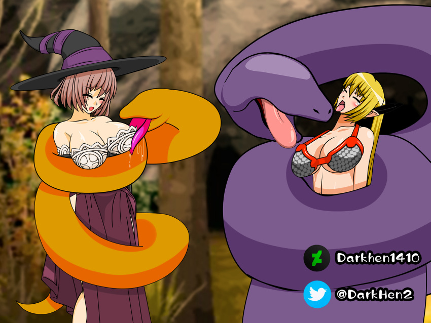 2girls amazon_(dragon's_crown) angel_girl breasts coiled cosplay darkhen1410 dragon's_crown koooon_soft koooonsoft_angel_girl koooonsoft_witch_girl licking_breast multiple_girls restrained snake snake_coil sorceress_(dragon's_crown) witch_girl