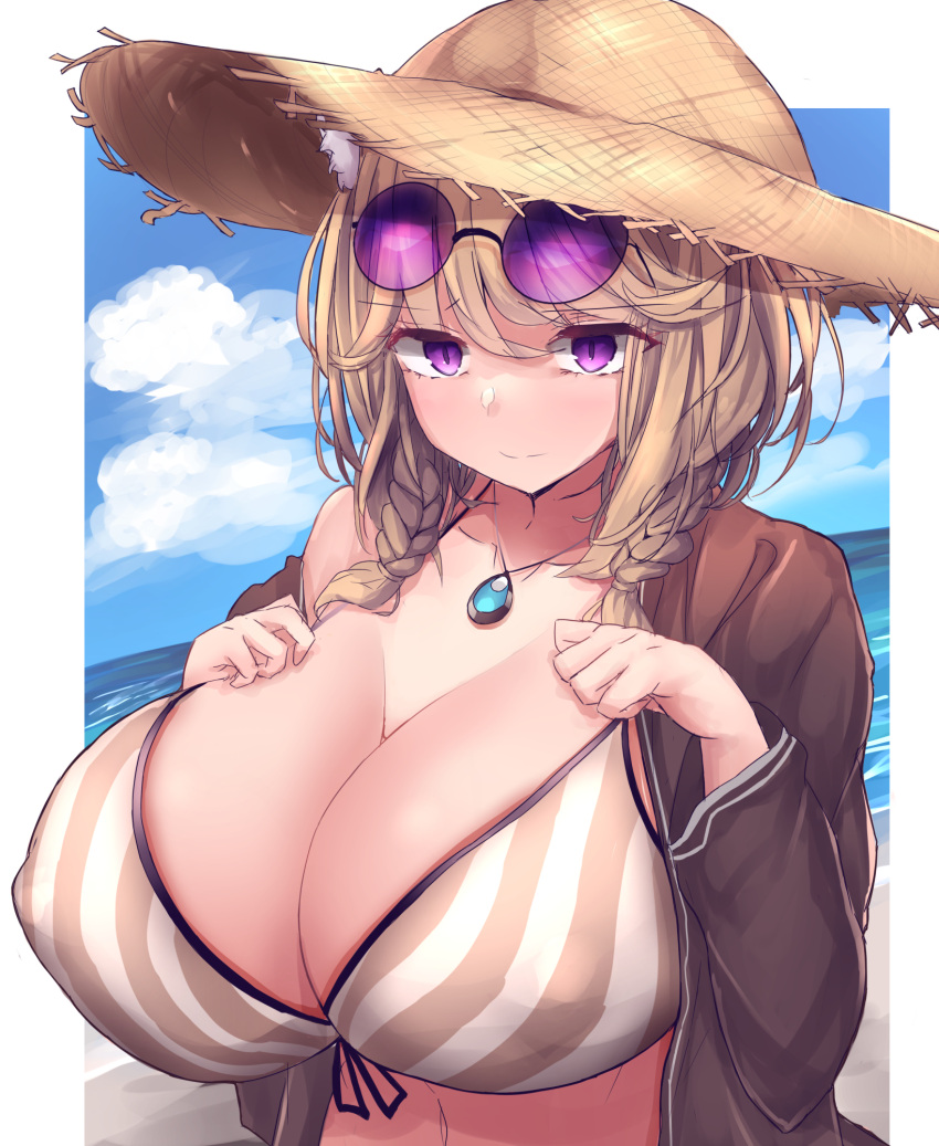 1girls arknights belly_button big_breasts bikini breasts glasses glasses_on_head kemonomimi light-skinned_female light_skin necklace purple_eyes straw_hat tagme utage_(arknights) utage_(summer_flowers)_(arknights) yuuki_shuri