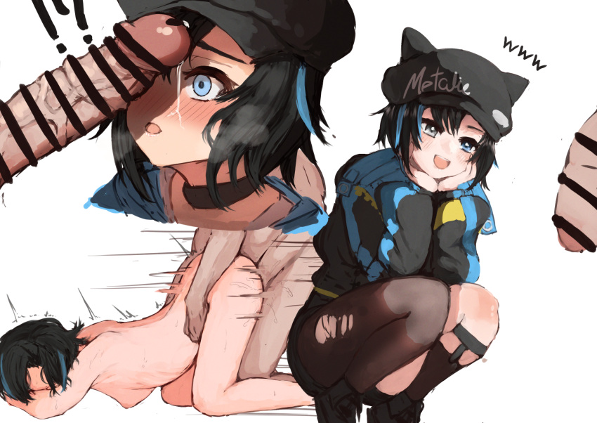 1boy black_eyes black_footwear black_hair black_headwear black_jacket black_legwear blue_eyes blue_hair blush breasts censored female girimi_(virtuareal) heterochromia highres jacket koutate multicolored_hair nijisanji penis_awe sex sex_from_behind short_hair small_breasts virtual_youtuber virtuareal