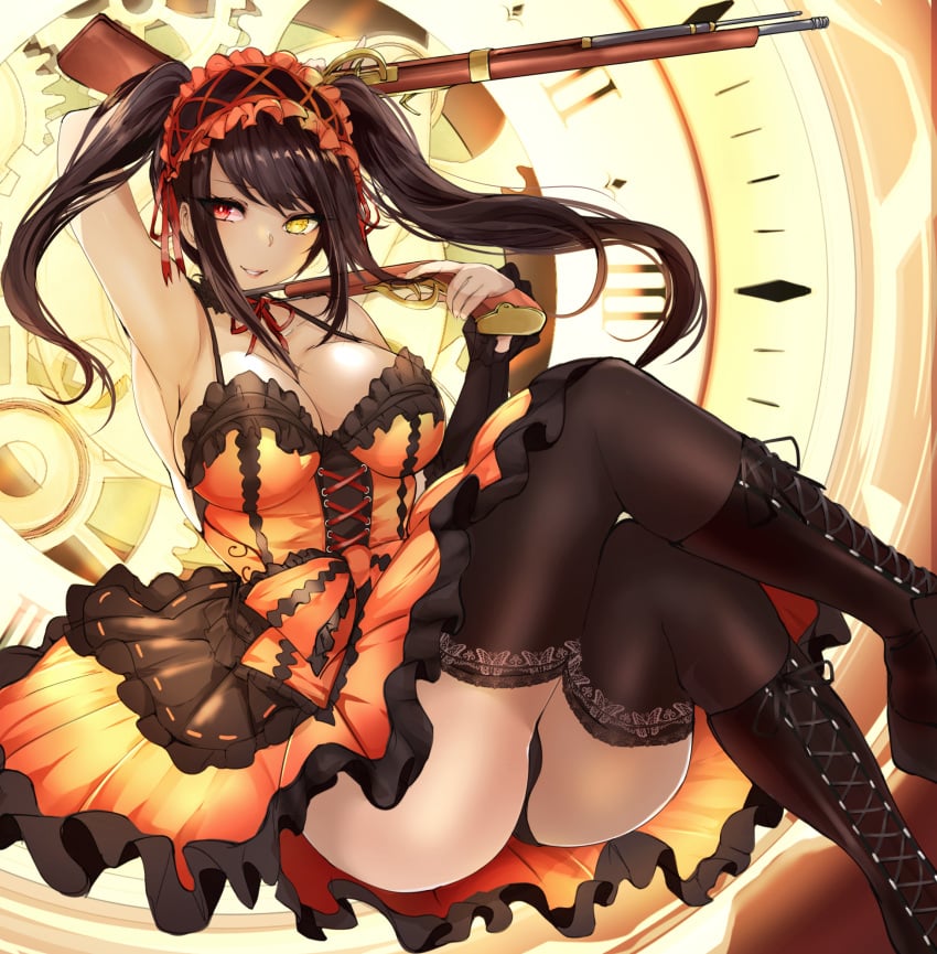 agetama bare_shoulders black_hair black_panties blush breasts cleavage clock_eye date_a_live eyebrows_visible_through_hair eyelashes_visible_through_hair female female_only gothic_lolita hair_between_eyes heterochromia lolita_fashion lolita_hairband long_hair looking_at_viewer panties red_eye smile thighhighs tokisaki_kurumi weapons