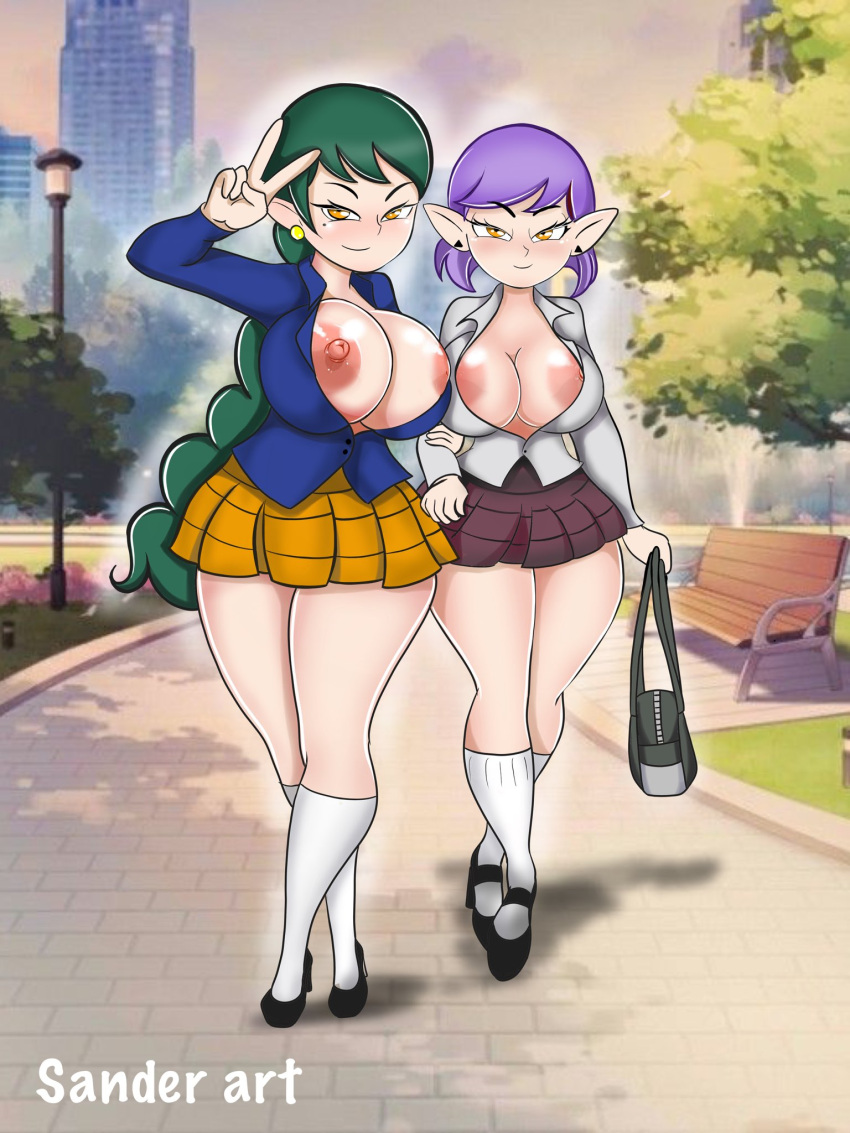 2girls amity_blight areola_slip big_breasts bimbo earring emira_blight exposed_breasts female female_only green_hair holding_arm huge_breasts lamppost large_areolae looking_at_viewer miniskirt multiple_girls nipples no_bra outside park park_bench peace_sign pointy_ears purple_hair purse sander_art school_uniform schoolgirl sisters skirt slutty_outfit the_owl_house v v_sign yellow_eyes