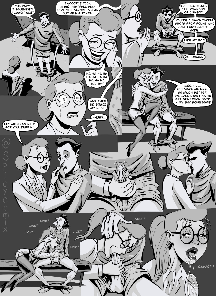 1boy 1girls batman:_the_animated_series batman_(series) black_and_white blowjob bulge comic crying cum cum_in_mouth cum_inside dc dc_comics dcau dialogue dr._harleen_quinzel erection_under_clothes fellatio female glasses hair_bun handjob harleen_quinzel kissing male monochrome pants_down penis penis_out ponytail speech_bubble spicycomix straight tears the_joker the_new_batman_adventures