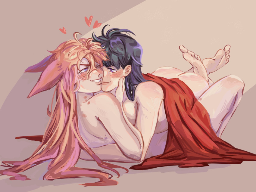 2girls after_sex aftercare blush cheek_kiss cute female female_only fox_ears fox_girl genshin_impact heart hickey hickey_marks laying_on_top loving_look naked naked_female pink_hair purple_hair raiden_shogun red_blanket romantic wholesome yae_miko yuri