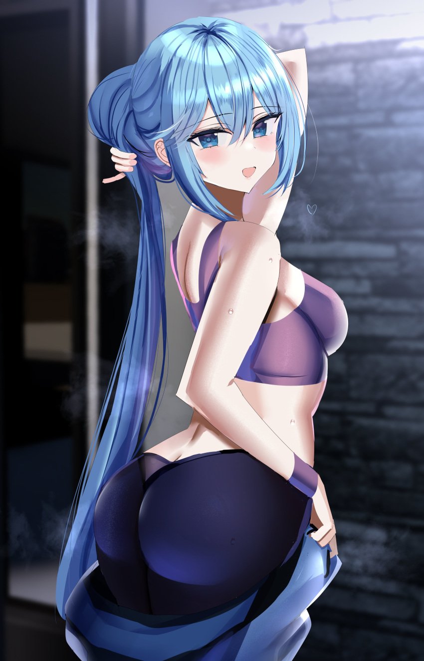 1girls absurd_res adamant369 aqua_(konosuba) ass big_ass big_butt blue_eyes blue_hair breasts eye_contact female female_only gym_clothes hanasaka_houcha hi_res kono_subarashii_sekai_ni_shukufuku_wo! long_hair looking_at_viewer looking_back sideboob sports_bra standing thick_thighs yoga_pants