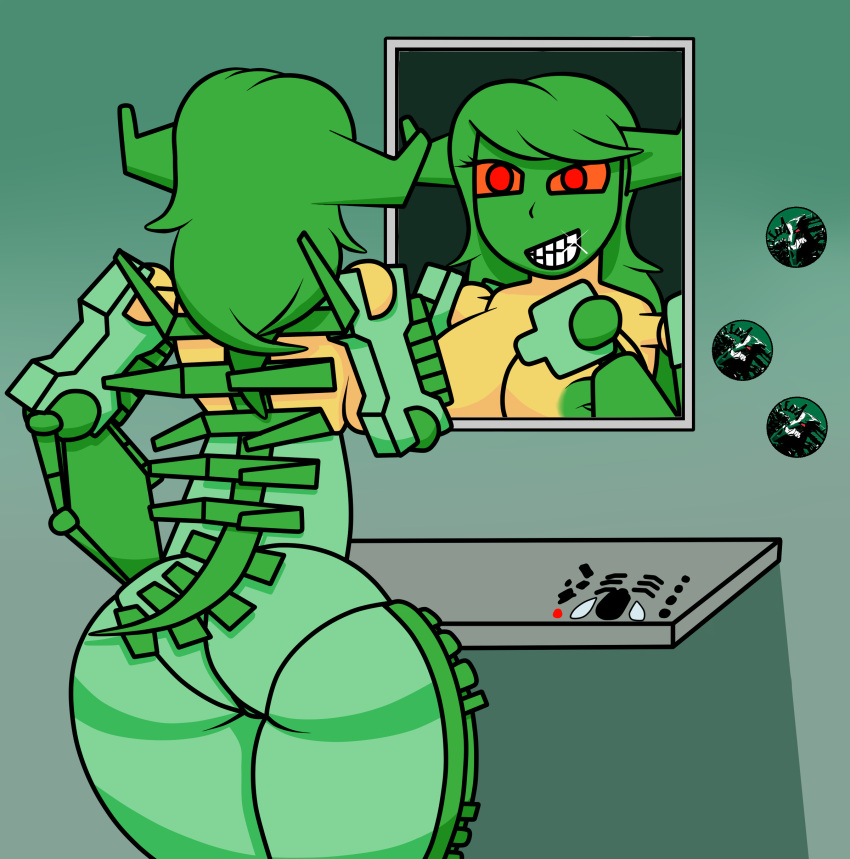 1girls ass bionicle female female_focus female_only green_hair horn horns inverted_nipples lego machine mirror nipples nude nude_female piraka red_eyes robot robot_girl rule_63 skakdi smile smiling tail zaftero_(artist) zaktan