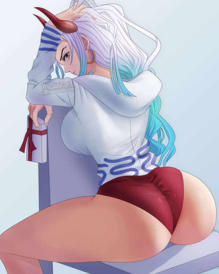 1girls ass big_ass big_breasts blue_hair breasts brown_eyes busty clothed clothing curvy dat_ass demon ear_piercing earrings female female_focus female_only gradient_hair hi_res highres hoop_earrings horned_humanoid horns humanoid light-skinned_female light_skin long_hair looking_back multicolored_hair musaed_art one_piece oni oni_horns pose posing revealing_clothes sensual sideboob simple_background sitting sitting_on_chair solo solo_female two_tone_hair white_hair wide_hips yamato_(one_piece) yokai