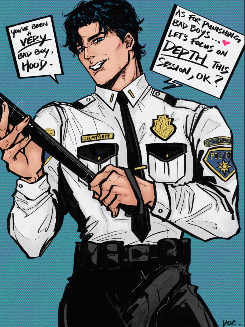 1boy bat batman_(series) baton bulge clothed dc dc_comics dialogue dick_grayson erection_under_clothes justthemeat/meat2go male male_only nightstick nightwing police police_baton police_officer solo teen_titans