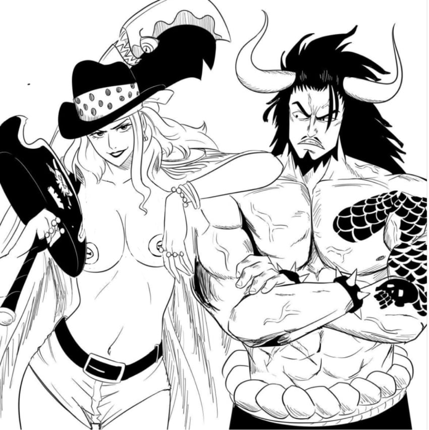 1boy 1girls bb_(baalbuddy) big_breasts black_and_white charlotte_linlin female homie_(one_piece) kaido_(one_piece) male muscular_male napoleon_(one_piece) nipples one_piece scar sketch soru_soru_no_mi sword tagme tattoo topless young_big_mom