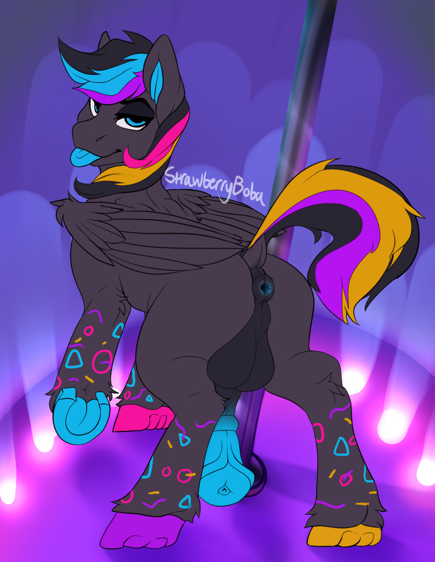 anatomically_correct anatomically_correct_genitalia animal_genitalia animal_penis anus ass blep blue_inner_ear dancing dark_body equid equine equine_penis fan_character feral flat_colors fur gameboy_pony genitals gradient_background hair half-closed_eyes hasbro hi_res hooves horse male mammal multicolored_body my_little_pony narrowed_eyes no_shading pegasus penis pole pole_dancing pony ponytail pose puffy_anus raised_tail simple_background smile smirk solo solo_focus strip_club strwbrybobamare tongue tongue_out unfinished wings