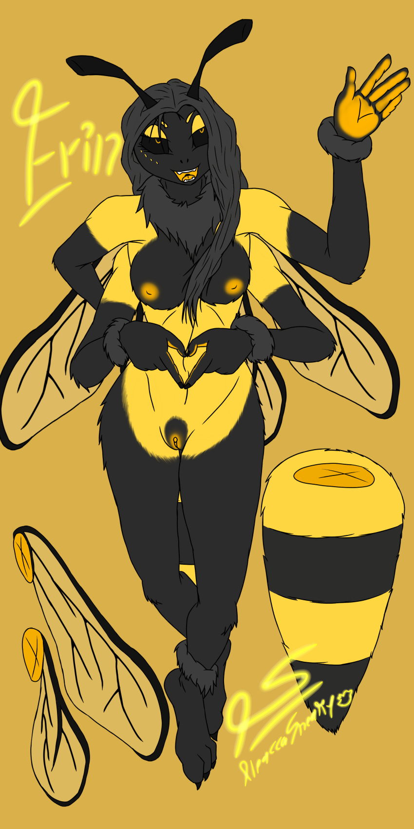 4_arms absurd_res alpaccasneaky anthro arthropod bee breasts clitoris erin female genitals hi_res hymenopteran insect_wings insects multi_arm multi_limb nude pussy solo wings