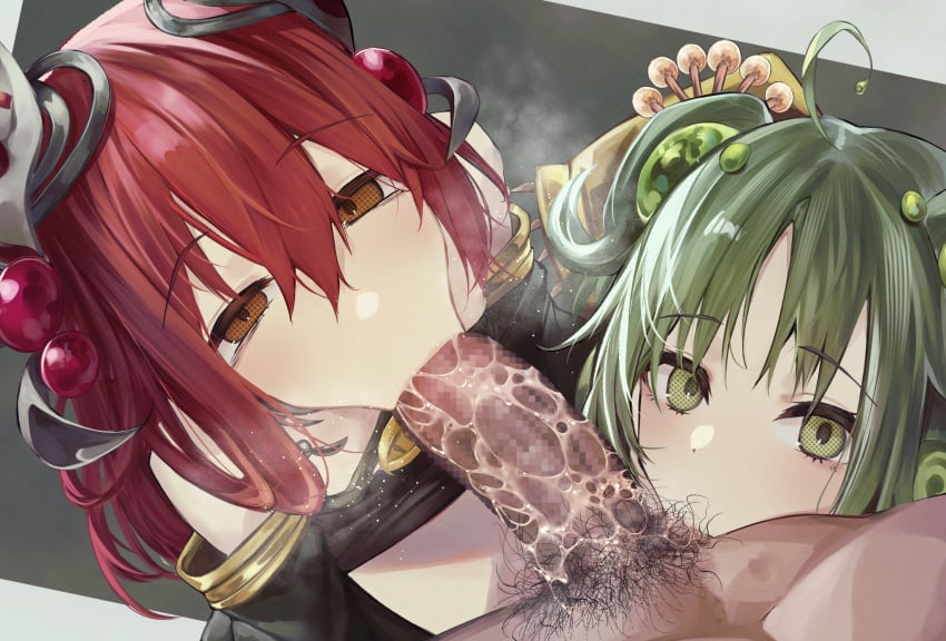 1boy 2girls :>= ahoge bare_shoulders big_penis blowjob brown_eyes censored collaborative_fellatio detached_sleeves duel_monster erection eyebrows_visible_through_hair fellatio female ffm_threesome green_eyes green_hair group_sex hair_between_eyes hair_ornament highres horns long_hair looking_at_viewer male_pubic_hair mosaic_censoring multiple_girls oral penis pubic_hair red_hair small_breasts suujiniku teamwork testicle_sucking thick_penis threesome traptrix traptrix_allomerus traptrix_sera yu-gi-oh!