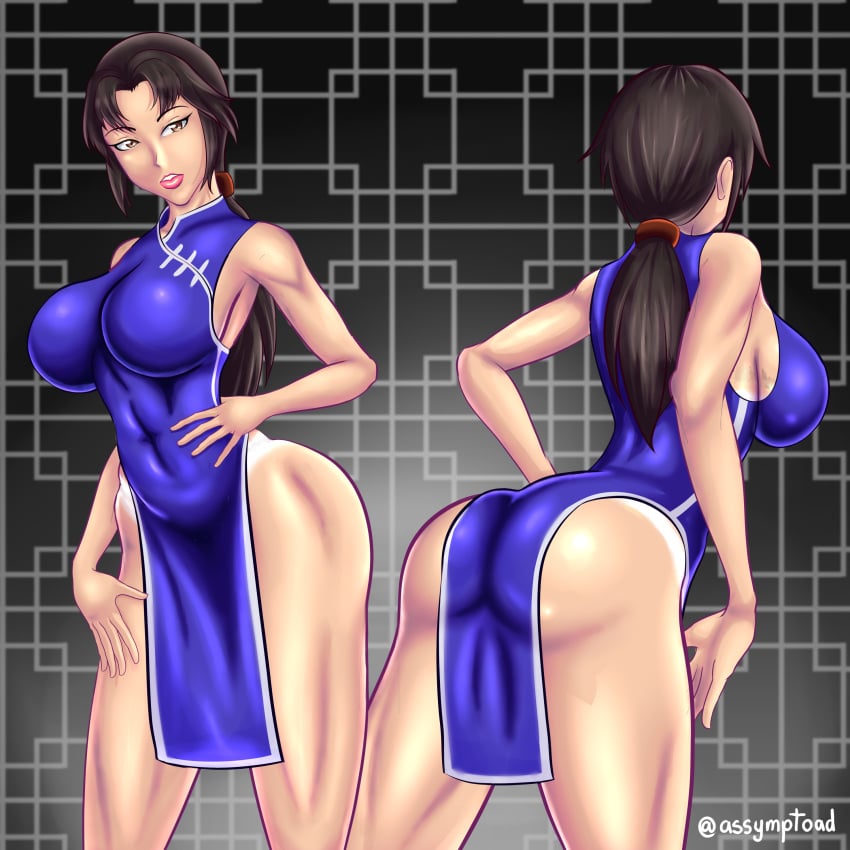 ass ass_focus ass_peek assymptoad blue_dress brown_hair china_dress chinese_clothes chinese_girl dress female hong_xiu_ying large_breasts multiple_views ponytail pose sega shenmue shenmue_ii sideboob sleeveless tanline wide_hips