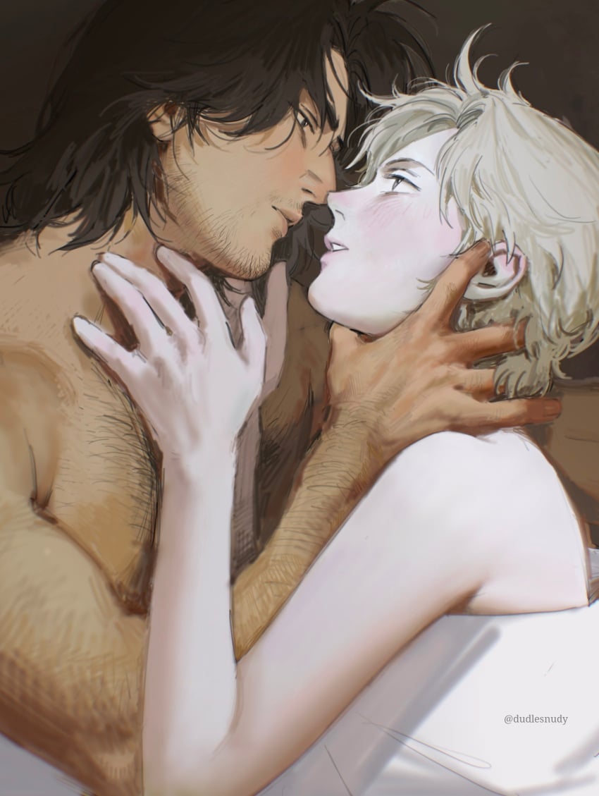 2boys black_hair blonde_hair body_hair chest_hair dilf dudlesnudy facial_hair gay hairy hairy_male holding_neck imminent_kiss johan_liebert kenzo_tenma male_focus male_only monster_(manga) pale-skinned_male romantic size_difference staring_at_another stubble twink yaoi