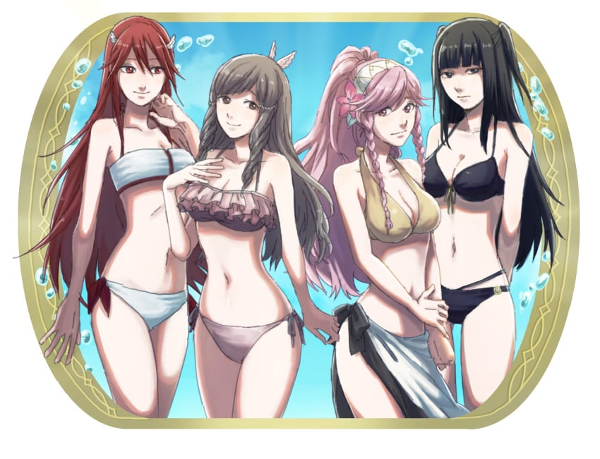 4girls alternate_costume bikini black_bikini black_eyes black_hair black_swimsuit braid breasts brown_eyes brown_hair bubble cleavage commentary_request cordelia_(fire_emblem) cowboy_shot female female_only fire_emblem fire_emblem_awakening flower framed frilled_bikini frills hair_flower hair_ornament hairband hand_on_own_chest highres kawasemi_(bw_77) long_hair looking_at_viewer medium_breasts midriff multiple_girls navel nintendo olivia_(fire_emblem) photoshop_(medium) pink_bikini pink_eyes pink_hair pink_swimsuit ponytail red_eyes red_hair sarong side-tie_bikini side_braid sidelocks small_breasts smile sumia_(fire_emblem) swimsuit tharja_(fire_emblem) twin_braids two_side_up white_bikini white_swimsuit wing_hair_ornament yellow_bikini yellow_swimsuit