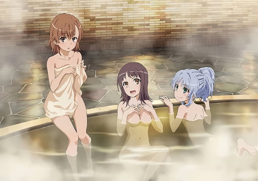 10s 2018 3girls ass barefoot bath bathhouse blush breasts brown_eyes brown_hair completely_nude completely_nude_female flat_chest green_eyes hi_res index itsuwa light-skinned_female light_skin long_hair looking_at_viewer looking_back medium_breasts misaka_mikoto multiple_girls naked_towel navel nude nude_female official_art open_mouth partially_submerged ponytail purple_hair short_hair silver_hair sitting small_breasts smile steam teenage_girl teenager to_aru_majutsu_no_index toes towel water young