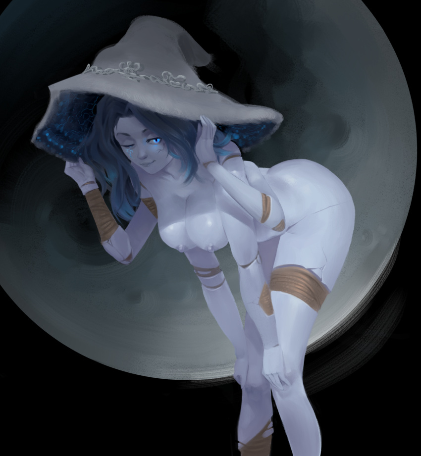 4_arms bent_over bichrom big_breasts blue_eyes blue_hair blue_skin cleavage completely_nude cracked_skin elden_ring female female_only fromsoftware glowing_eyes hanging_breasts leaning_forward looking_at_viewer multi_arm multi_limb nude one_eye_closed ranni_the_witch smile solo witch_hat