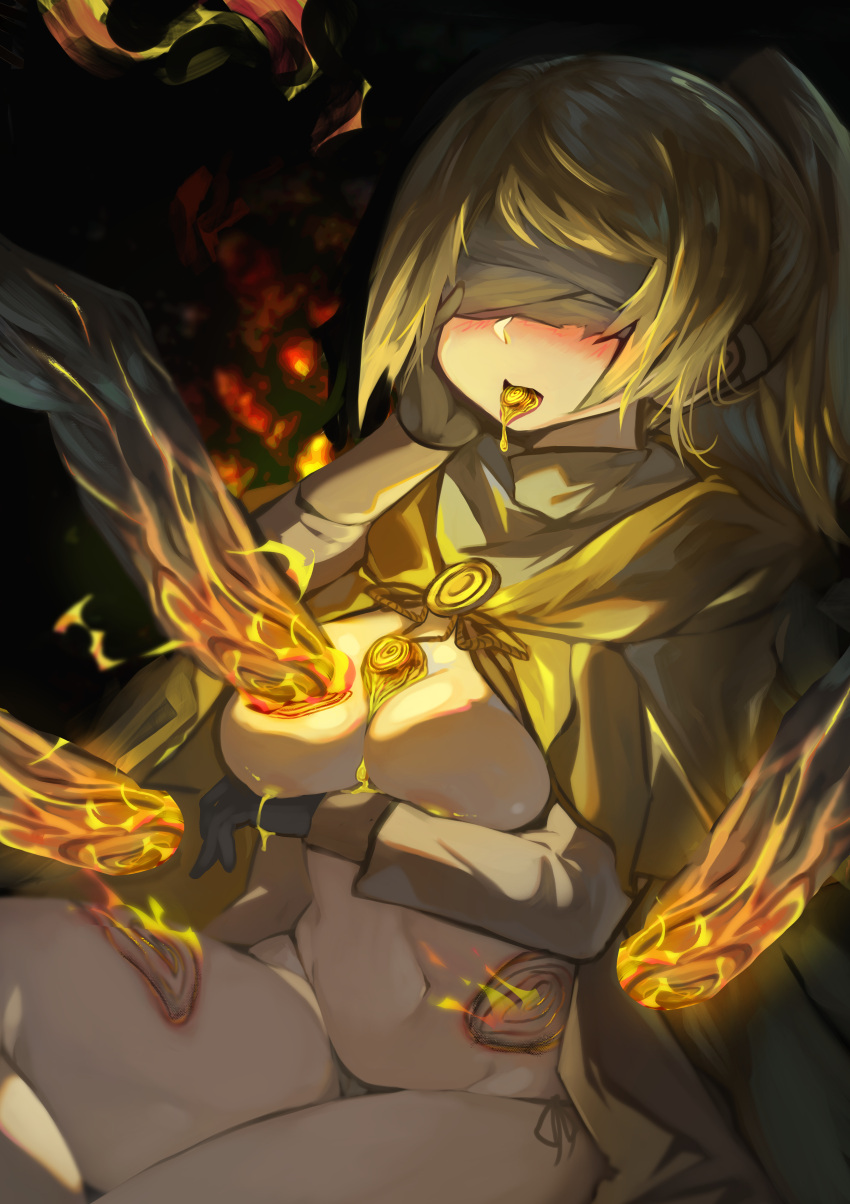 1girls arm_under_breasts black_gloves blind blindfold blonde_hair blush branded branding branding_mark cape cleavage cloak elden_ring female female_focus fire flames frenzied_flame fromsoftware gloves hand_on_cheek hand_on_face hyetta_(elden_ring) lactation medium_breasts no_bra pantyhose ponytail side-tie_panties sitting skysakura solo_focus three_fingers_(elden_ring) unusual_lactation