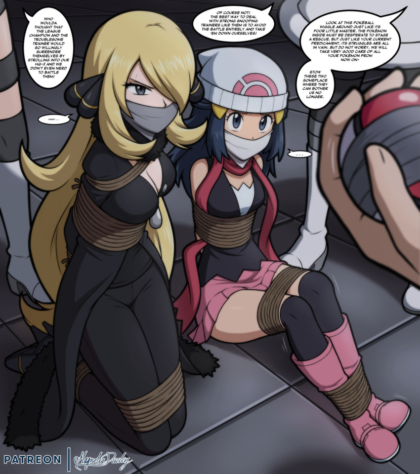 2girls abducted angry big_breasts blonde_hair blue_hair bondage bound covered_mouth cynthia_(pokemon) damsel_in_distress damsels_in_distress dawn_(pokemon) dialogue english_text gag gagged galactic_commander hands_behind_head kidnapped magnolia-baillon medium_breasts nintendo pokemon pokemon_dppt small_breasts speech_bubble team_galactic