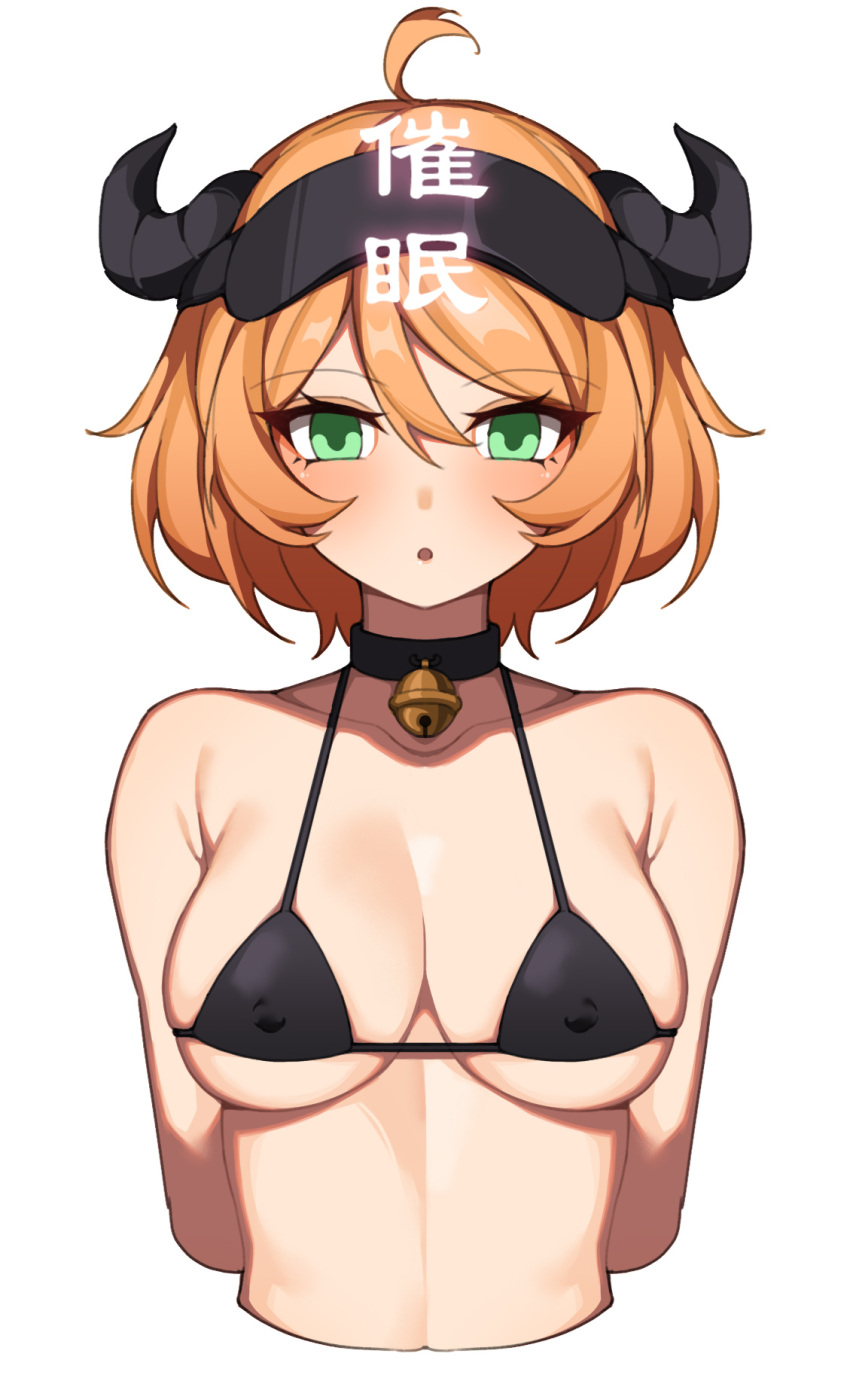 :o ahoge arknights bangs bare_shoulders bell bikini black_bikini black_choker blush breasts choker collarbone commentary_request covered_nipples croissant_(arknights) cropped_torso eyebrows_visible_through_hair female female green_eyes hair_between_eyes hanenosaki highres horns large_breasts looking_at_viewer neck_bell orange_hair parted_lips short_hair simple_background solo stomach swimsuit translation_request upper_body visor_cap white_background