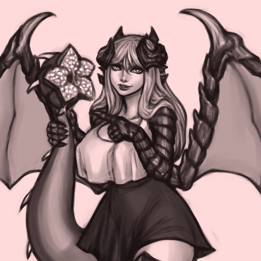 1girls big_breasts breasts clothed commissioner_upload dragon_girl female grool horns humanoid jenifer_(pandora) large_breasts large_tail long_hair monochrome pointing_at_pussy scaled_forearms scales solo suumunster tail tail_pussy wings