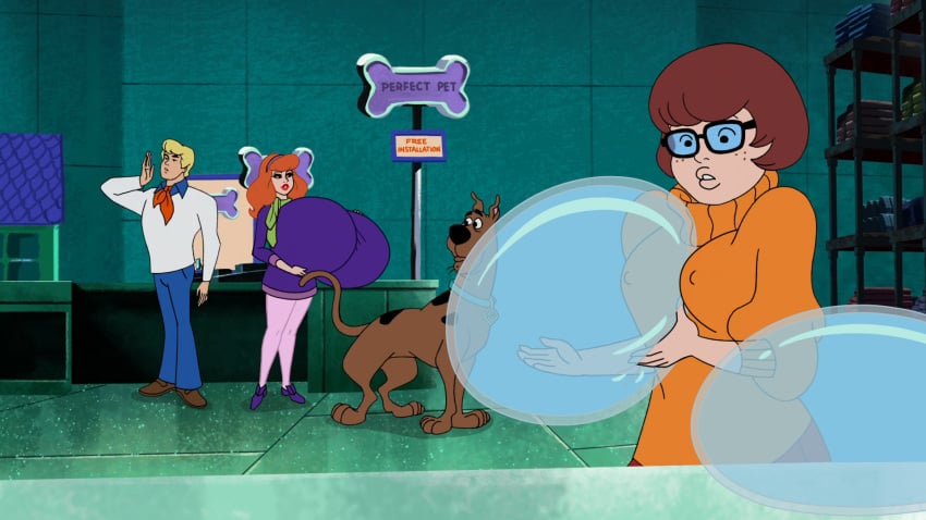 2girls big_breasts breast_implants breasts daphne_blake edit erect_nipples female fred_jones huge_breasts human massive_breasts nipple_bulge scooby-doo scooby-doo_(character) screenshot screenshot_edit velma_dinkley visible_implants woot