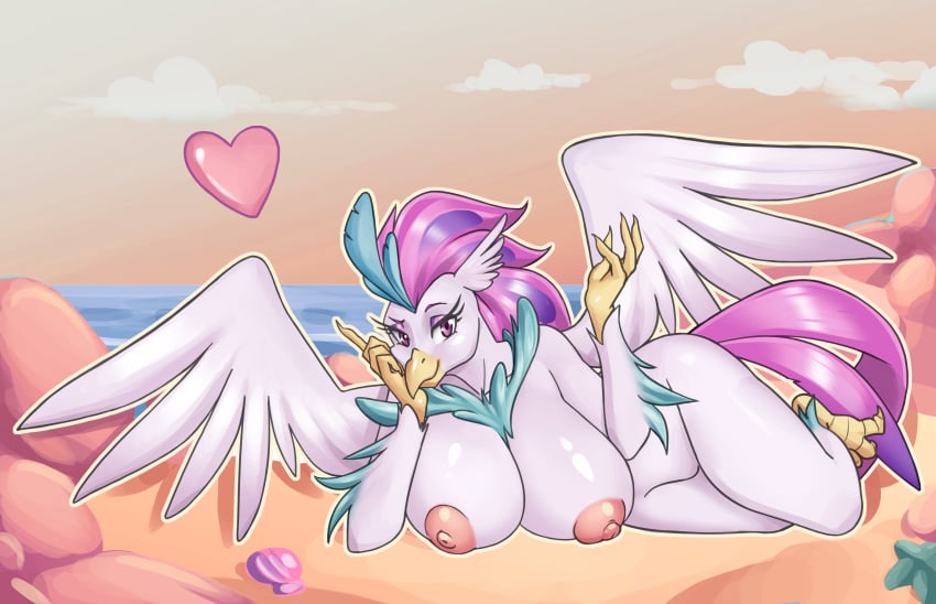 2018 absurd_res anthro avian beak big_breasts breast_rest breasts cloud eyelashes feathered_wings feathers female heart hi_res hippogryph huge_breasts looking_at_viewer my_little_pony my_little_pony:_the_movie_(2017) my_little_pony_the_movie nauth nauth_le_roy nipples outside queen_novo_(mlp) solo wings