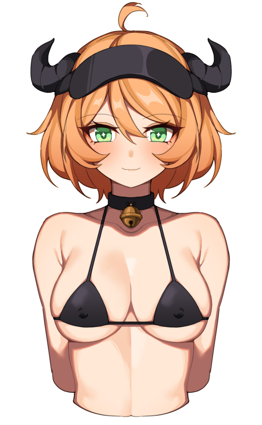 ahoge arknights bangs bare_shoulders bell bikini black_bikini black_choker blush breasts choker collarbone commentary_request covered_nipples croissant_(arknights) cropped_torso eyebrows_visible_through_hair female female green_eyes hair_between_eyes hanenosaki highres horns large_breasts looking_at_viewer neck_bell orange_hair short_hair simple_background smile solo stomach swimsuit upper_body visor_cap white_background