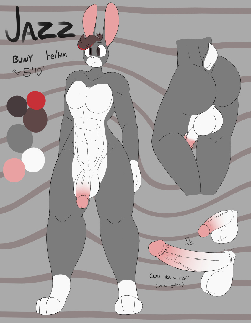 abs absurd_res anthro ass balls big_balls big_penis brown_eyes fur genitals grey_body grey_fur hi_res huge_cock hyper hyper_genitalia hyper_penis jazz_(stareostar) lagomorph leporid male male_only mammal model_sheet muscular muscular_male pecs penis rabbit stareostar white_body white_fur