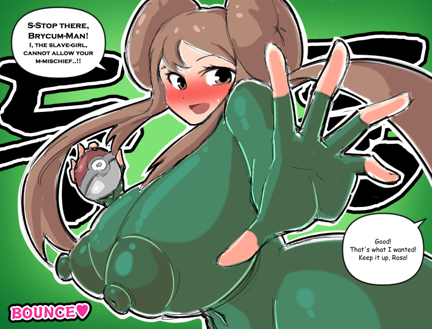 1girls alternate_breast_size big_breasts big_nipples blush blushing bodysuit breasts brown_eyes brown_hair camera covered_navel dialogue double_bun embarrassed erect_nipples erect_nipples_under_clothes eyebrows eyelashes female femsub fingerless_gloves gloves green_background green_bodysuit gullible hair_buns hips holding_poke_ball huge_breasts humiliation large_breasts long_hair maledom nervous nintendo nipple_bulge nipples open_mouth outstretched_hand poke_ball pokeball pokemon pose posing recording rosa_(pokemon) see-through see-through_clothing sidelocks skin_tight slave stuttering talking text thick_thighs thighs twintails wide_hips woohyoot