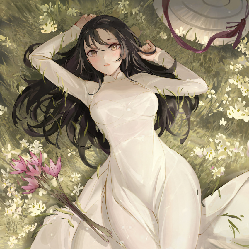 1girls absurdres ao_dai arms_up big_breasts black_eyebrows black_hair black_hair_female blush bra bra_visible_through_clothes bralines breasts brown_eyes chowbie collared_dress conical_hat dress female female_only flower flowers from_above grass hair_between_eyes hat highres huge_breast large_breasts laying_down long_hair long_sleeves looking_at_viewer lying lying_on_grass massive_breasts medium_breasts on_back only_female original original_character outdoors pink_flower solo straw_hat vietnamese_clothes vietnamese_dress white_dress white_flower woman