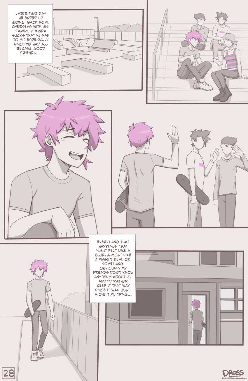 clothing comic comic_page dross english_text original page_28 page_number pink_hair skateboard skater_boi_(dross) tagme taylor_(dross) text