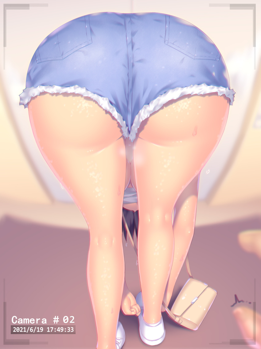 1girls a.x. ass ass_focus ass_up bent_over big_ass blue_shorts bottomwear breasts clothing dat_ass female hair huge_ass legs shoes shorts solo solo_female steam steamy_ass sweat tagme thighs