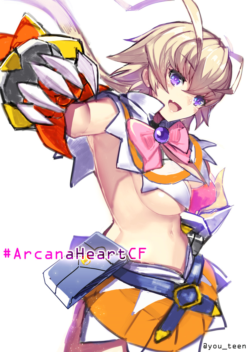 1girls :d amanohara_minori antenna_hair arcana_heart armpit_peek belt big_breasts blonde_hair blue_belt bow breasts brooch busty capelet copyright_name cowboy_shot female female_only gauntlets highres jewelry large_breasts long_hair looking_at_viewer navel oerba_yun_fang open_mouth orange_skirt pink_bow purple_eyes razu_(rus) revealing_clothes sideboob simple_background skirt smile solo standing toned twitter_username underboob white_background white_capelet