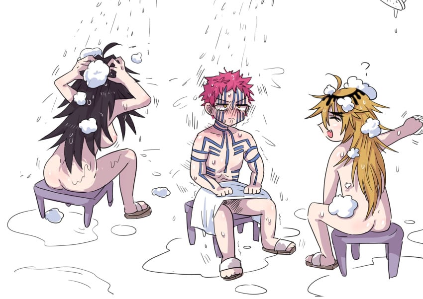 1girls 2boys akaza_(kimetsu_no_yaiba) bathing black_hair blonde_hair blush body_markings chibi completely_nude cute demon_slayer douma embarrassed facial_markings female genderswap_(mtf) kimetsu_no_yaiba kkku_gt kokushibo long_hair long_hair_male male michikatsu_tsugikuni nervous nude pink_hair rule_63 shower showering sideboob sitting soap_bubbles spiky_hair suds towel wet wholesome