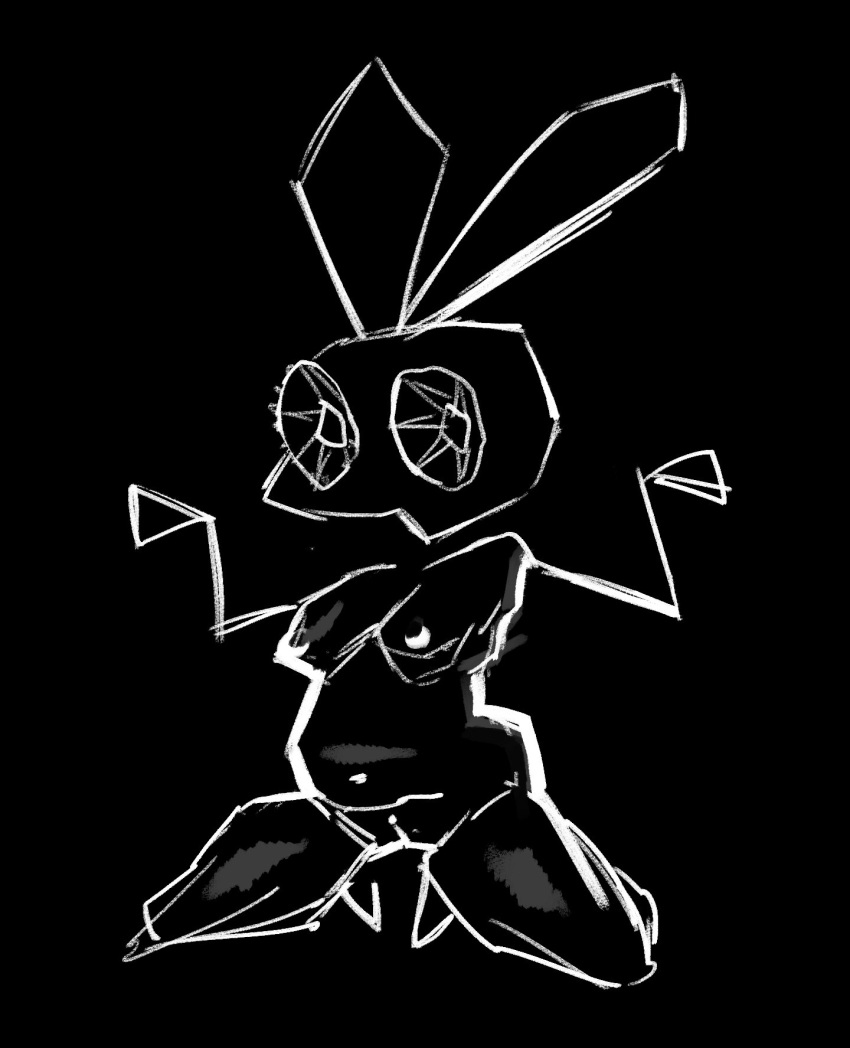 anthro ass black_body black_skin breasts chubby_female ears_up female genitals hi_res lagomorph leporid looking_at_viewer mammal navel open_mouth pussy rabbit shrug sitting slightly_chubby sodosko solo stick_arms thick_thighs vib-ribbon vibri wide_hips