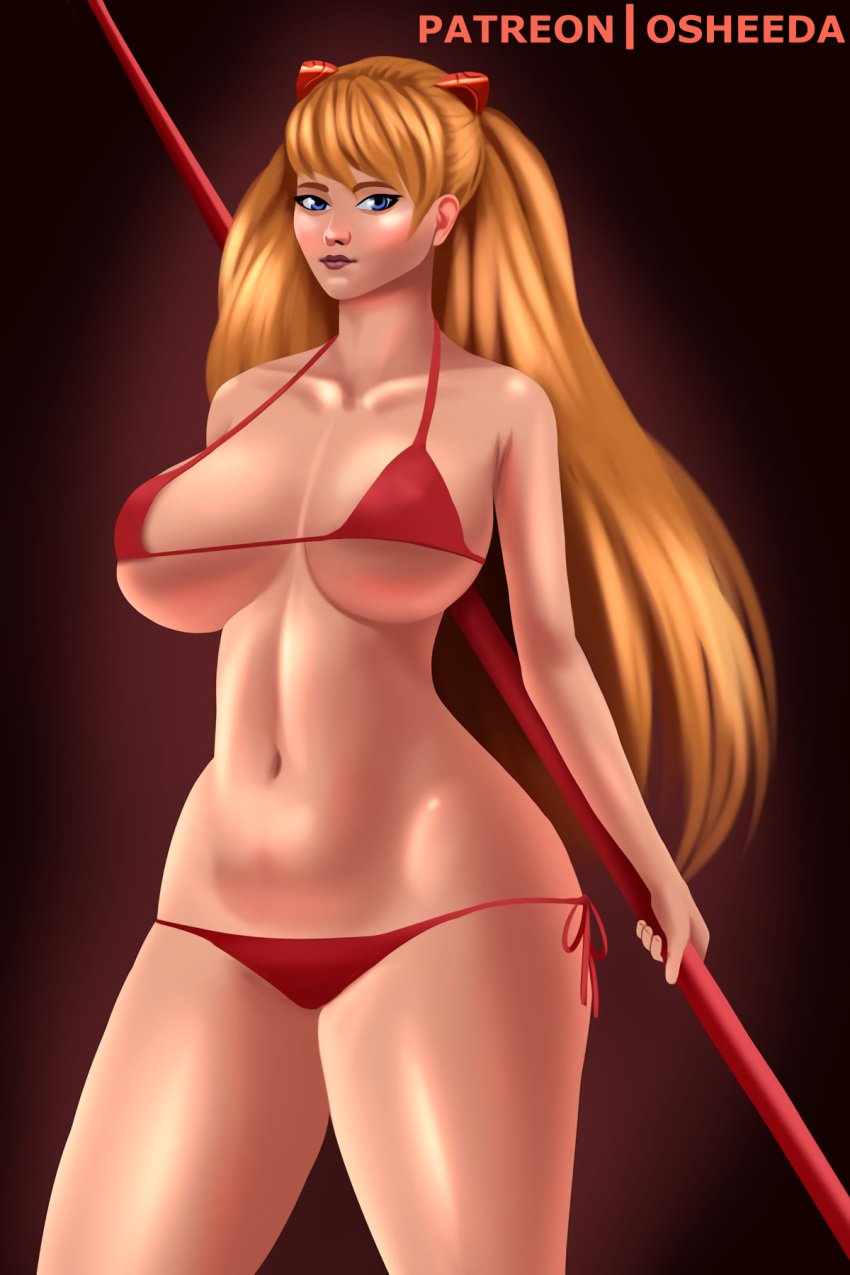 1girls alternate_body_build alternate_breast_size artist_name asuka_langley_sohryu big_breasts bikini blue_eyes breasts busty child_bearing_hips cleavage female female_only highres large_breasts legs lipstick long_hair looking_at_viewer makeup navel neon_genesis_evangelion orange_hair pole red_bikini smile solo swimsuit thick_thighs thighs twintails underboob wide_hips